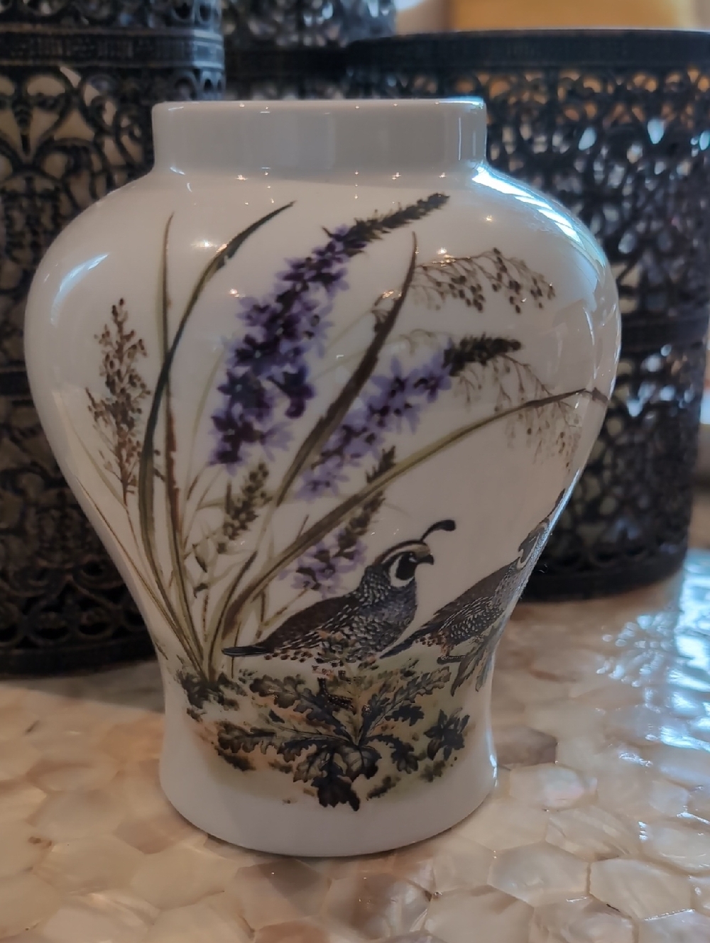 Japanese White Porcelain Vase with Lavender & Quail Motif